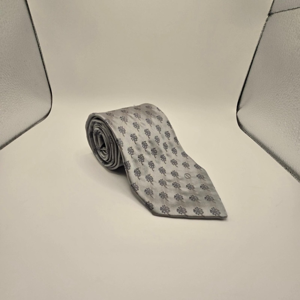 Dunhill London 100% Silk Tie gray Blue Floral Clover Pattern Designer (A1)